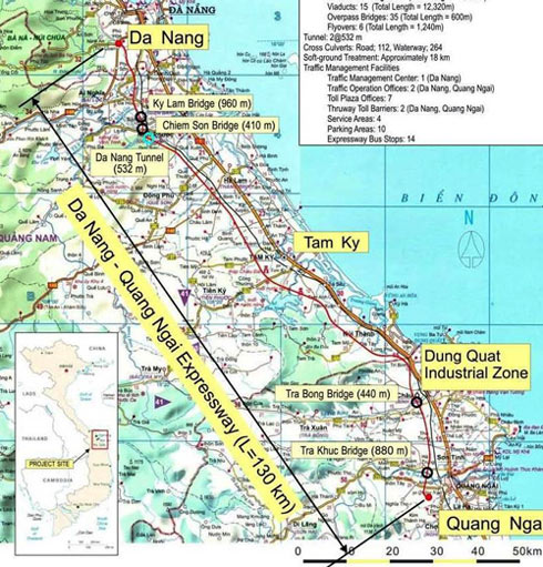 Bản đồ tuyến cao tốc Đà Nẵng - Quảng Ngãi sẽ đi qua.